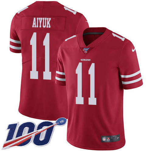 Nike 49ers #11 Brandon Aiyuk Red Team Color Youth Stitched NFL 100th Season Vapor Untouchable Limited Jersey